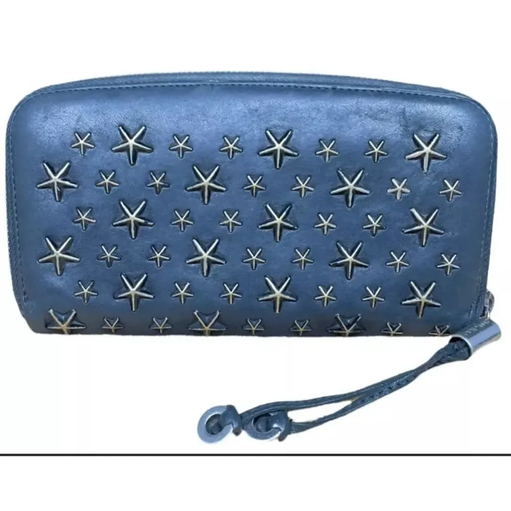 JIMMY CHOO FILLIPA START STUDDED LEATHER ZIP AROUND LARGE WALLET